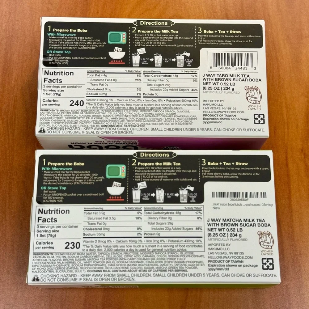 TWO Sealed J Way BOBA Brown Sugar Flavor Taro & Matcha Milk Tea Sets Aug. 2025🥤